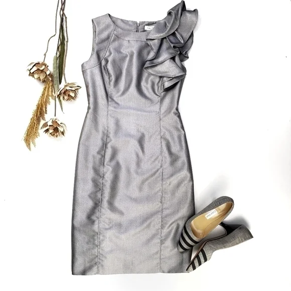 Calvin Klein Silver Grey Ruffle Shoulder Dress 2 - Picture 10 of 14